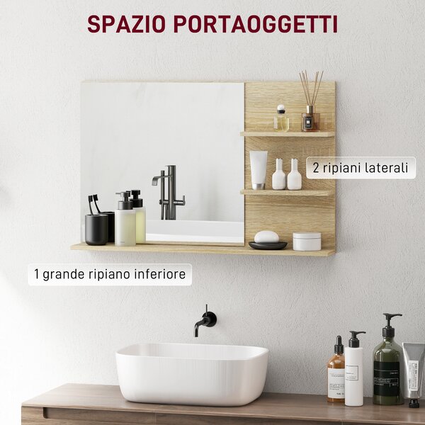 Kleankin Specchio Bagno Moderno con 2 Ripiani Laterali e Ripiano Inferiore, in Legno e Vetro, 75x10x48 cm, Color Legno | Aosom Italy