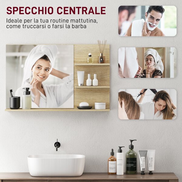 Kleankin Specchio Bagno Moderno con 2 Ripiani Laterali e Ripiano Inferiore, in Legno e Vetro, 75x10x48 cm, Color Legno | Aosom Italy