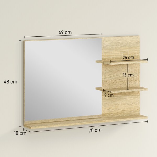 Kleankin Specchio Bagno Moderno con 2 Ripiani Laterali e Ripiano Inferiore, in Legno e Vetro, 75x10x48 cm, Color Legno | Aosom Italy