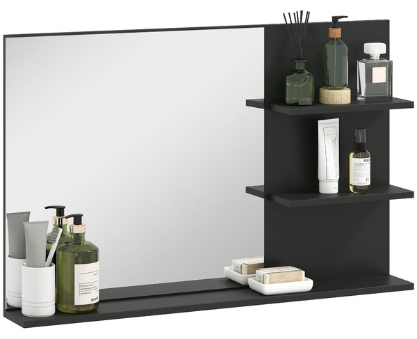 Kleankin Specchio Bagno Moderno con 2 Ripiani Laterali e Ripiano Inferiore, in Legno e Vetro, 75x10x48 cm, Nero | Aosom Italy