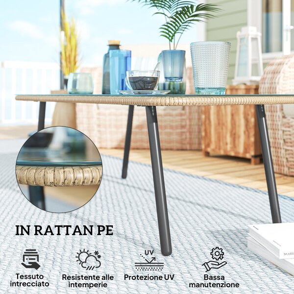Outsunny Tavolino da Giardino in Rattan PE con Piano in Vetro e Acciaio, 110x60x40 cm, Legno Naturale
