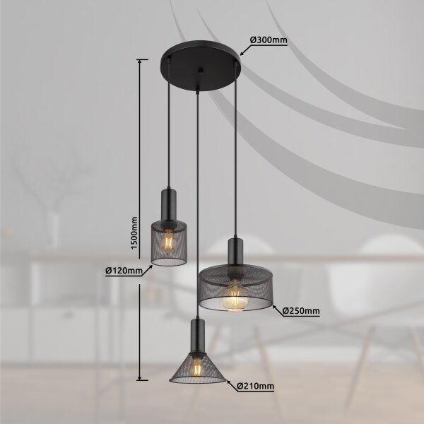 Globo 15648-3H - Lampadario a sospensione con filo JEDD 3xE27/60W/230V nero