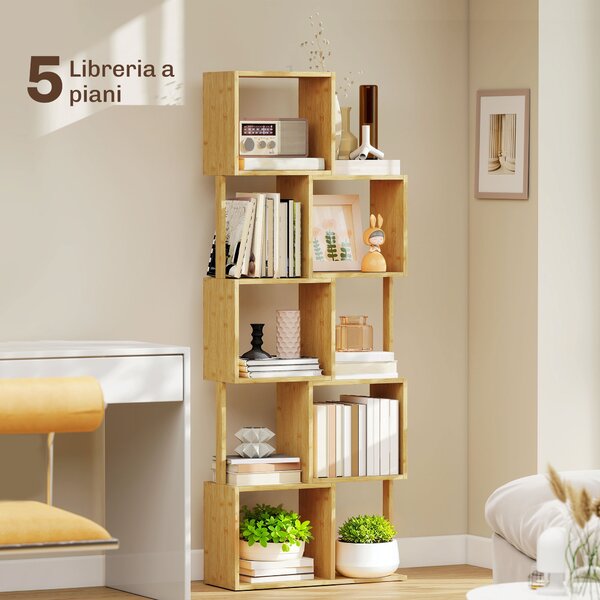 HOMCOM Libreria Moderna Asimmetrica a 5 Livelli in Bambù, 62.5 x 23 x 165 cm, Colore Legno Naturale | Aosom Italy