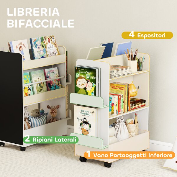 AIYAPLAY Libreria per Bambini 3-8 Anni a Due Lati, Scaffale Portagiochi con Ruote e Lavagna Nera, Bianco | Aosom Italy