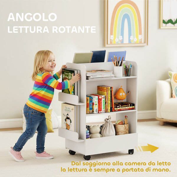 AIYAPLAY Libreria per Bambini 3-8 Anni a Due Lati, Scaffale Portagiochi con Ruote e Lavagna Nera, Bianco | Aosom Italy