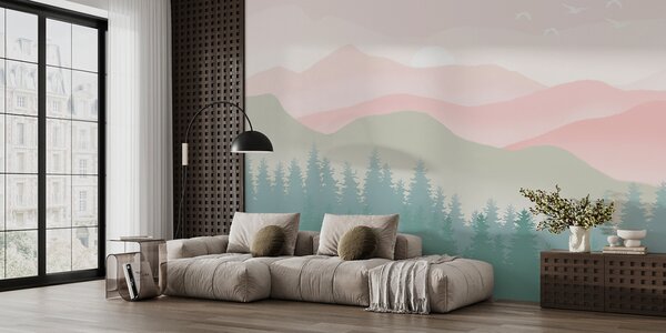 Carta da parati Montagne nebbiose con pineta, colori naturali tenui, rosa e verde, Carta da parati Design, u98774 : Uwalls.it