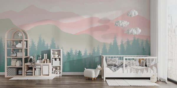 Carta da parati Montagne nebbiose con pineta, colori naturali tenui, rosa e verde, Carta da parati Design, u98774 : Uwalls.it