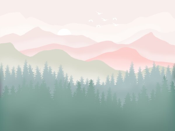 Carta da parati Montagne nebbiose con pineta, colori naturali tenui, rosa e verde, Carta da parati Design, u98774 : Uwalls.it