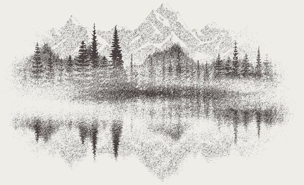 Carta da parati La foresta e le montagne si riflettono nel lago, Carta da parati minimalismo, u98808 : Uwalls.it
