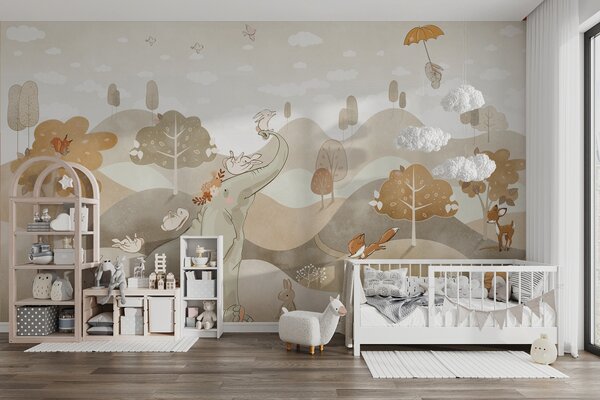 Carta da parati Paesaggio con simpatici animali, Carta da parati per Bambini, Carta da parati Vivaio in stile scandinavo, u98695 : Uwalls.it