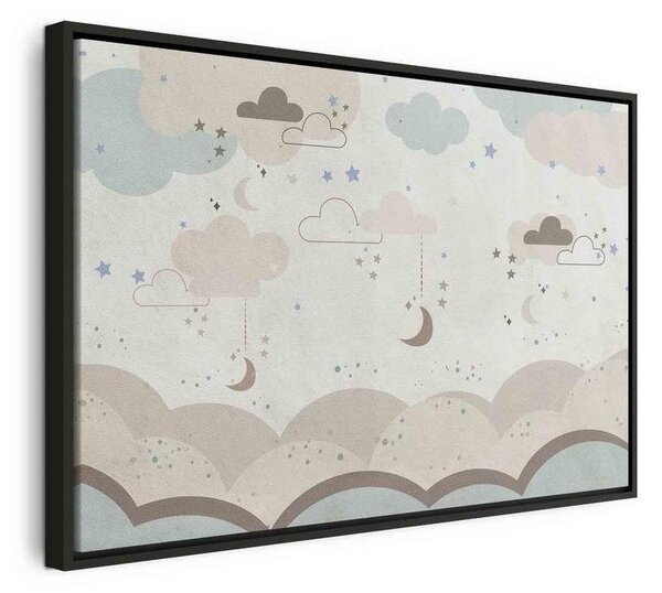 Quadro - Cloudy Night Sky - Moons in Brown and Beige Hues Among Clouds and Numerous Little Stars on a Light Background