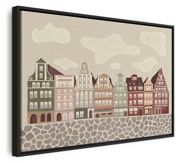 Quadro - Salt Square - Colorful Illustrated Townhouses Against a Cloudy Sky Background