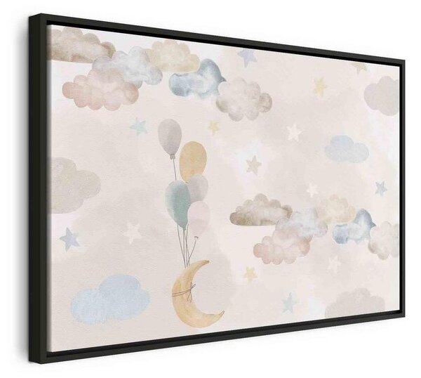 Quadro - Fairy-Tale Moon - Pastel Moon with Balloons Among Colorful Clouds and Stars in Subdued Colors on a Light Backgr