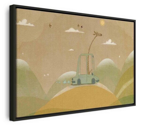 Quadro - Dreamy Traveler - A Cheerful Giraffe Driving a Car on a Sunny Day
