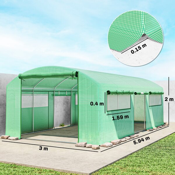 Outsunny Serra a Tunnel con 3 Porte Avvolgibili e 6 Finestrelle, in Acciaio Zincato e PE, 6x3x2 m, Verde