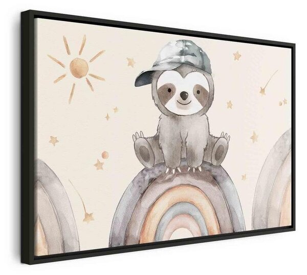 Quadro - Happy Sloth - Sloth in Subdued Colors Wearing a Cap Sitting on a Rainbow Among Little Stars