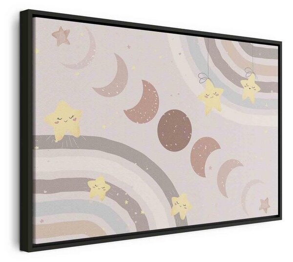 Quadro - Joyful Sky - Yellow Cheerful Stars with a Rainbow Against the Phases of the Moon in a Light Beige Sky Hue