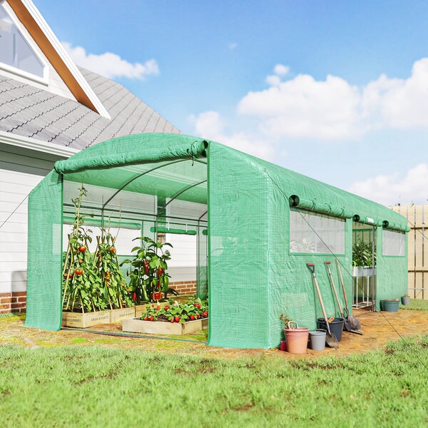 Outsunny Serra a Tunnel con 3 Porte Avvolgibili e 6 Finestrelle, in Acciaio Zincato e PE, 6x3x2 m, Verde