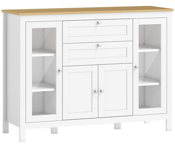 HOMCOM Mobile Cucina con 2 Cassetti e 3 Armadietti, Ante in Vetro e Ripiani Regolabili, 120x40x90 cm, Bianco e Rovere | Aosom Italy