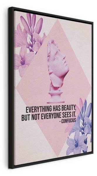 Quadro - Beauty in the Eyes - Inspirational Quote with Pink Bust and Flowers
