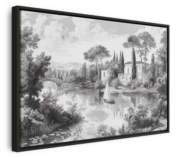 Quadro - Black and White Vintage Landscape Retro View of a Pond with a Boat