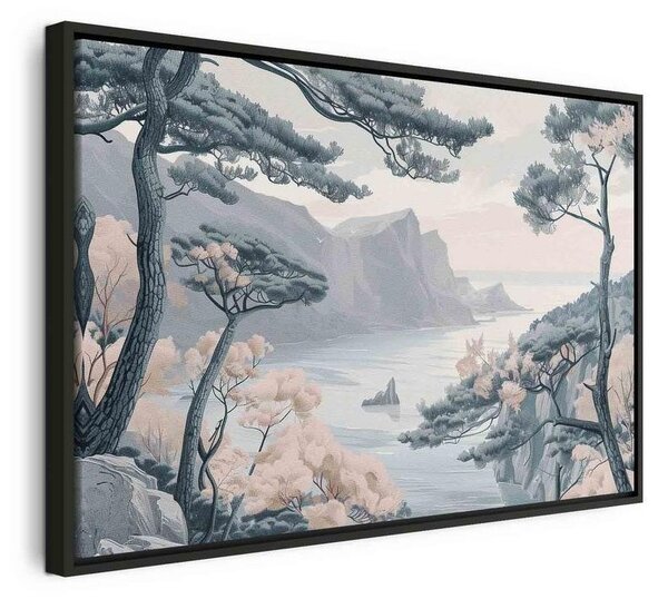 Quadro - Mountainous Coast with Trees and Rocks in Light Pastel Blues