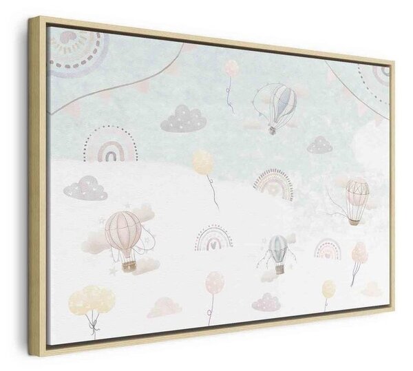 Quadro - Sky with Balloons - Balloons in Subdued Colors Flying in the Sky Among Clouds Rainbows and Stars