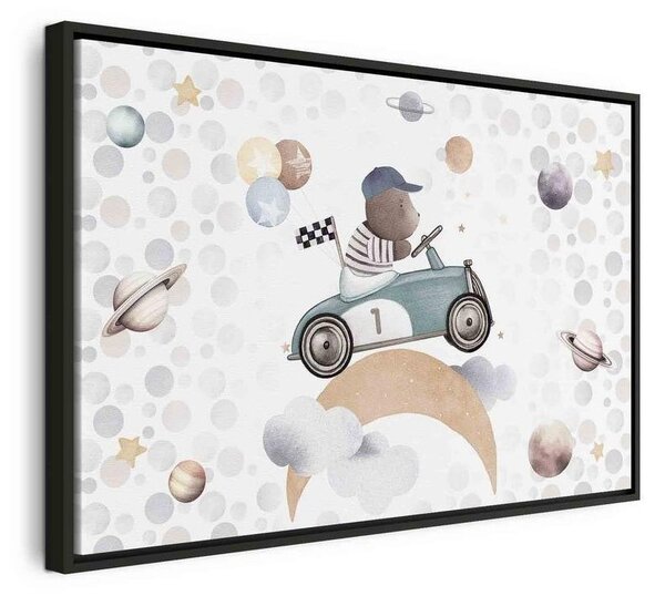 Quadro - Galactic Races - A Bear Participating in Car Races Among Planets Clouds and Stars in Pastel Hues
