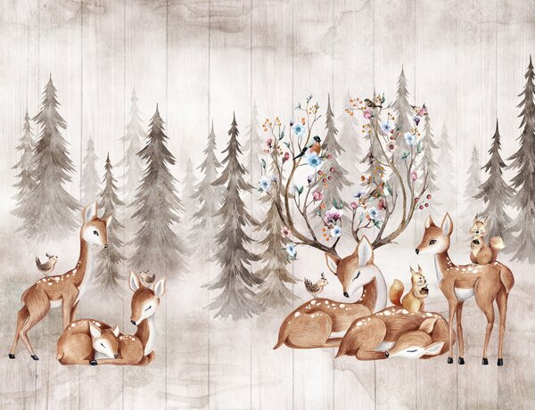 Carta da parati Acquerello foresta con renne, Carta da parati per Bambini, Carta da parati Nursery Forest, u98679 : Uwalls.it