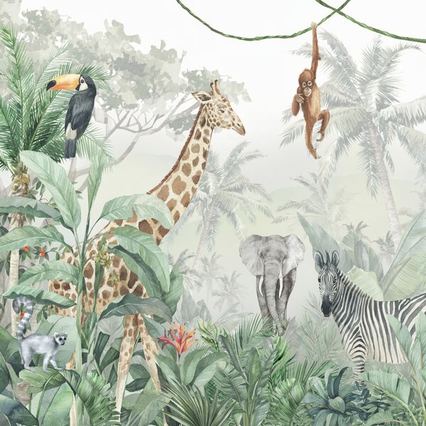 Carta da parati Panorama della giungla con animali, Carta da parati per Bambini, Carta da parati per Ragazzo, u74709d1 : Uwalls.it