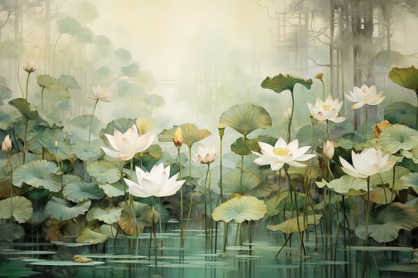 Carta da parati Fiori di loto nel lago, giungla, arte tropicale, verde, Carta da parati Floreale, u99454 : Uwalls.it