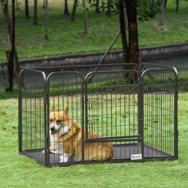 PawHut Box per Cani Recinzione in Metallo per Animali con 4 Pannelli, Porta con Doppio Blocco e Vassoio sul Fondo, 109x74x71cm, Grigio|Aosom