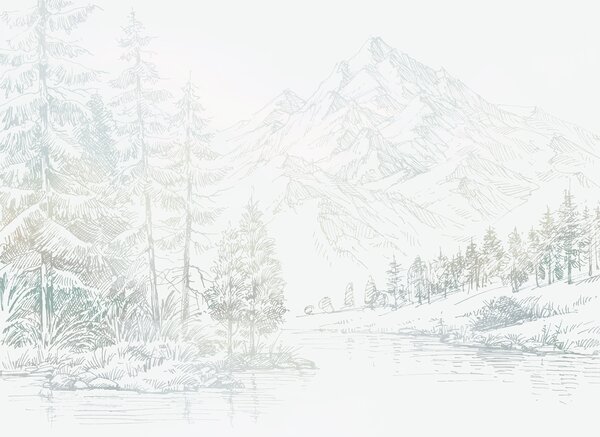 Carta da parati Paesaggio di montagna, minimalismo, colori verdi, Carta da parati Foresta, Carta da parati Alberi, u99569 : Uwalls.it