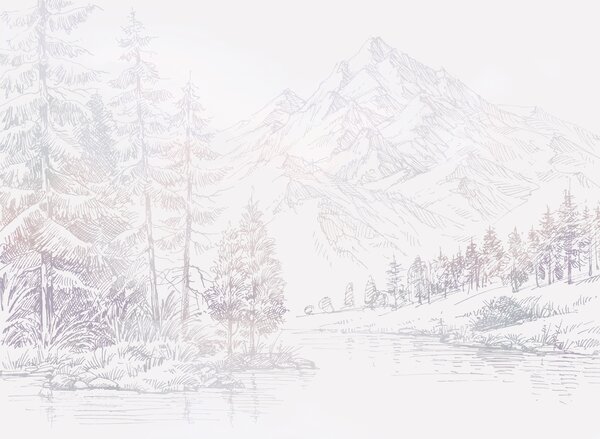 Carta da parati Paesaggio di montagna, minimalismo, colori viola, Carta da parati Foresta, Carta da parati Alberi, u99569v1 : Uwalls.it