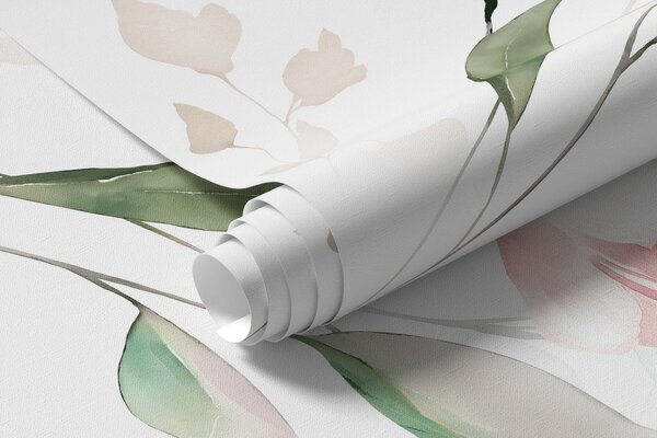 Carta da parati Rose da giardino, foglie, uccelli su sfondo bianco, Carta da parati Floreale, u99551 : Uwalls.it