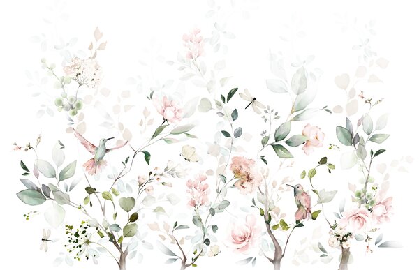 Carta da parati Rose da giardino, foglie, uccelli su sfondo bianco, Carta da parati Floreale, u99551 : Uwalls.it