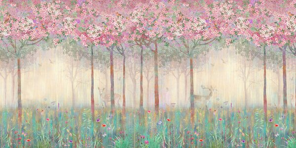 Carta da parati Alberi fioriti con lunghi tronchi, cervi tra gli, Carta da parati per Bambini, Carta da parati Nursery Forest, u62100d2 : Uwalls.it