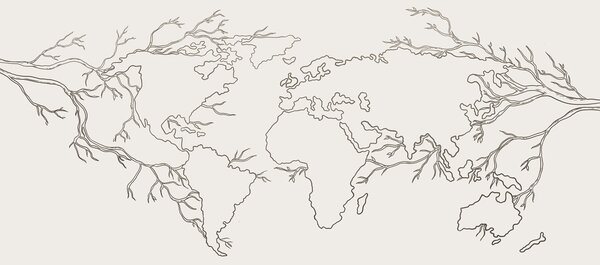 Carta da parati Mappa del mondo, rami di alberi, disegno al tratto, minimalismo, natura, beige, Carta da parati Design, u99731 : Uwalls.it