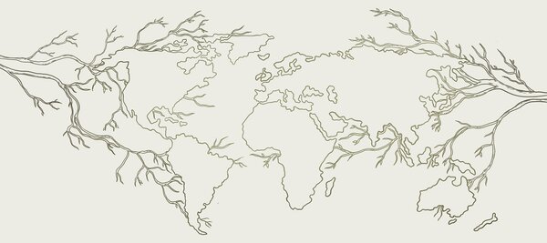 Carta da parati Mappa del mondo, rami di alberi, disegno al tratto, minimalismo, natura, verde, Carta da parati Design, u99731v1 : Uwalls.it