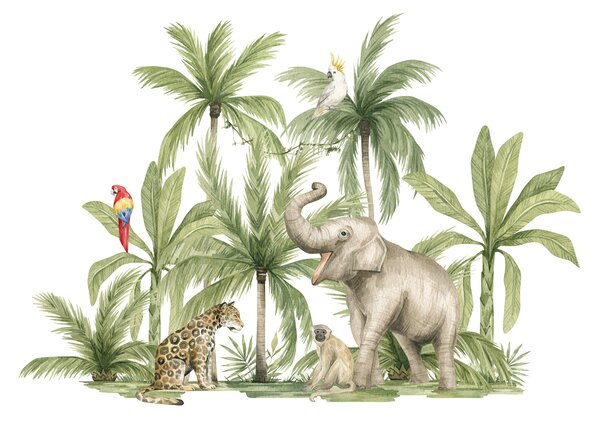 Carta da parati Animali safari, elefante, leopardo, scimmia, palme,, Carta da parati per Bambini, Carta da parati per Ragazzo, w00084 : Uwalls.it