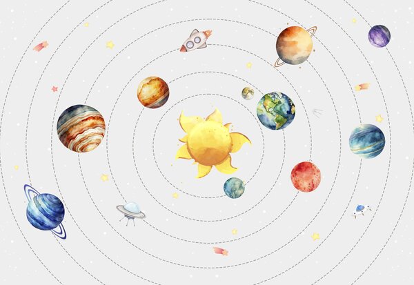 Carta da parati Sistema solare, pianeti, sole, razzo, ufo, satellite, stelle, sfondo bianco , Carta da parati per Bambini, w00214 : Uwalls.it