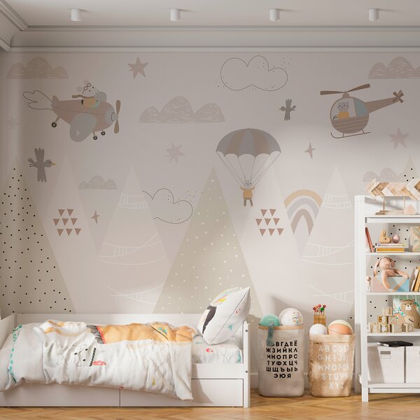 Carta da parati Montagne beige con elicottero, aereo e animali, Carta da parati per Bambini, Carta da parati Bebè per neonati, w00414 : Uwalls.it