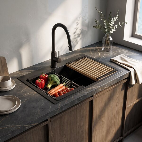 Lavello in acciaio con set di accessori 3 pz. REA Liam Black