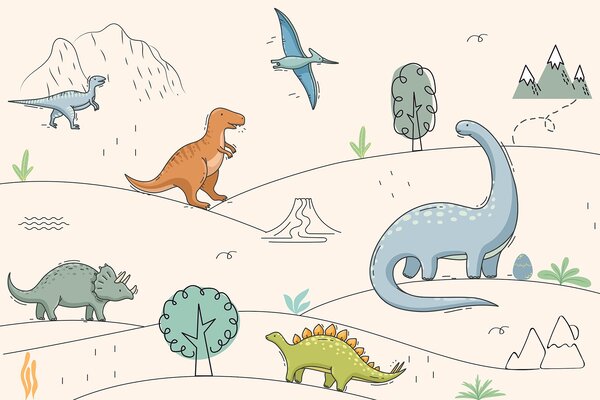 Carta da parati Dinosauri colorati sulle colline, Carta da parati per Bambini, Carta da parati i Dinosauri, w00637 : Uwalls.it