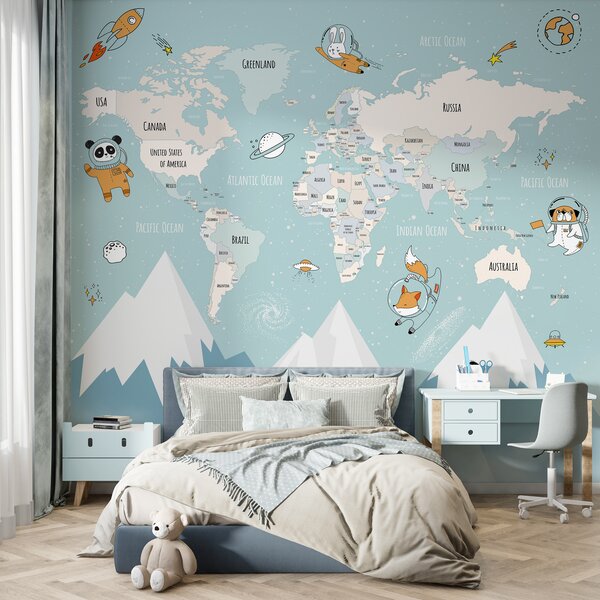 Carta da parati Mappa dei paesi del mondo con astronauti animali, Carta da parati per Bambini, w00066d1 : Uwalls.it
