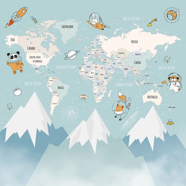 Carta da parati Mappa dei paesi del mondo con astronauti animali, Carta da parati per Bambini, w00066d1 : Uwalls.it