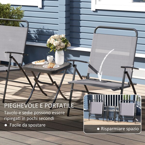 Outsunny Set da Giardino con Tavolo con Piano in Vetro e 2 Sedie Pieghevoli con Schienale Regolabile, Grigio