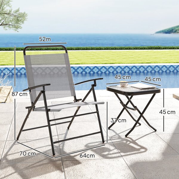 Outsunny Set da Giardino con Tavolo con Piano in Vetro e 2 Sedie Pieghevoli con Schienale Regolabile, Grigio
