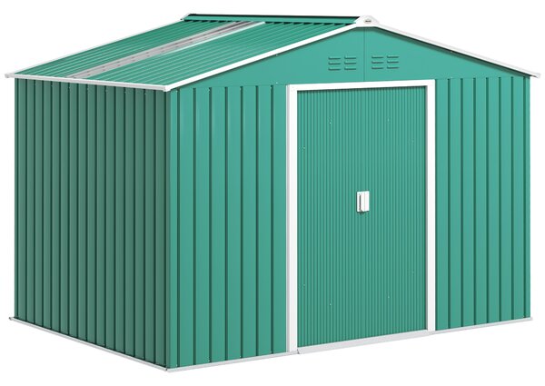 Outsunny Casetta da Giardino Porta Attrezzi in Acciaio con Tetto Inclinato e 2 Porte Scorrevoli, 277x195x192 cm, Verde Scuro | Aosom Italy