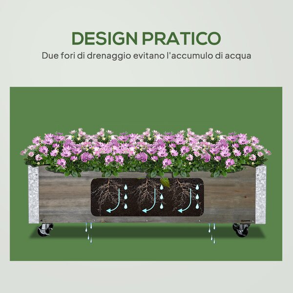 Outsunny Fioriera Rettangolare in Legno di Abete con Ruote e Freno, 96x30.6x30 cm, Grigio